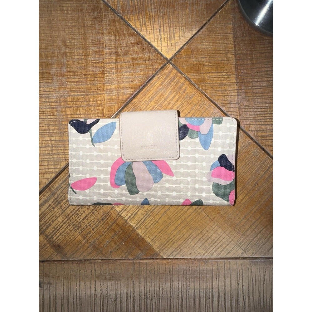 Fossil Emma Bifold Clutch Wallet Retro Floral Print Taupe Pink Blue Green Zip